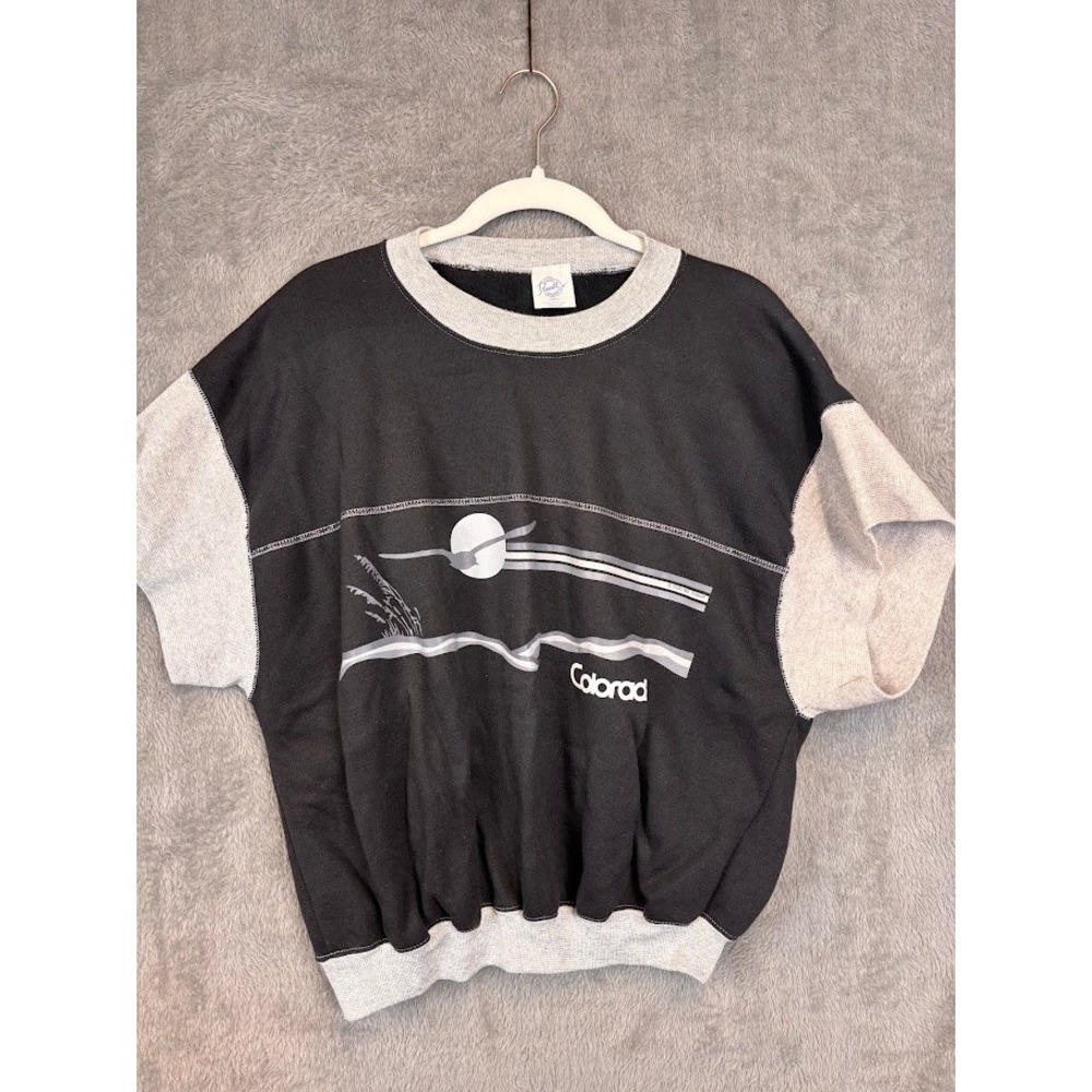 Vintage 80s Pannill Colorado Short Sleeve Sweatshirt Black Gray Large USA Made
